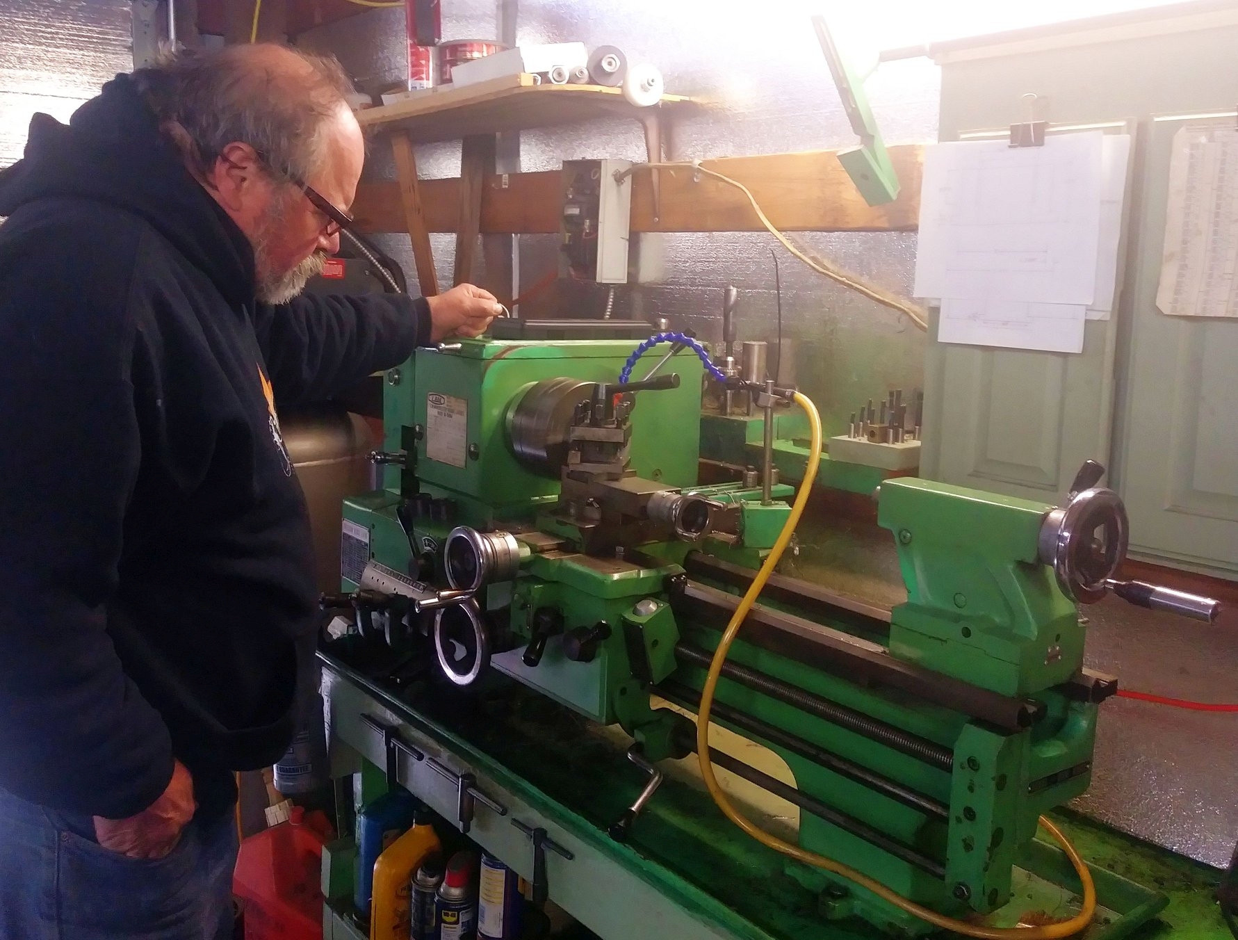 Dave turning a polymer wheel on the Delphi O.E.M. lathe