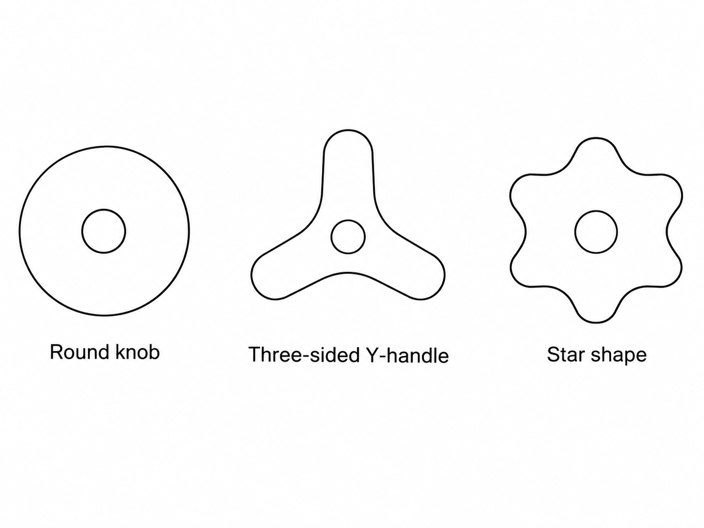 Top views of a round knob, three-sided Y-handle, and star-shaped handle