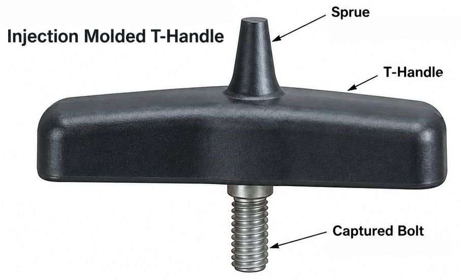 Injection molded T-handle with sprue and captured bolt